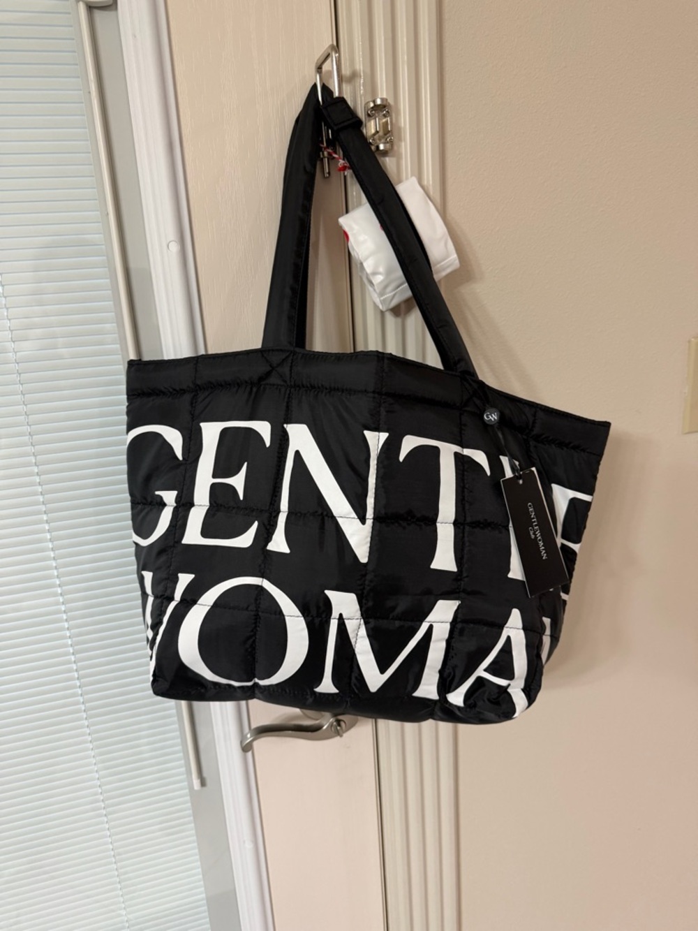 GENTLE MONSTER Black Quilted Logo Tote with White Lettering